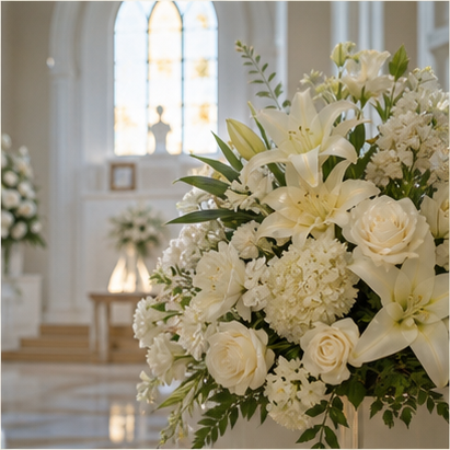 White funeral flower arrangement