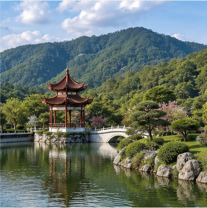 Chinese pavilion in a landscaped garden