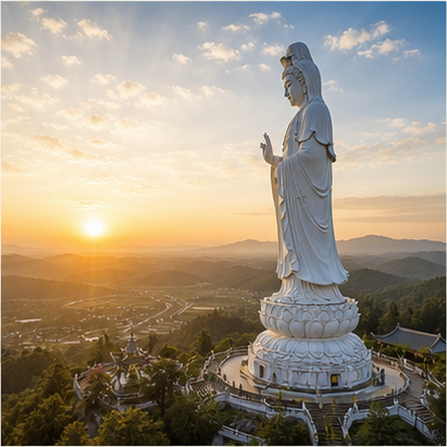 Guanyin statue overlooking a peaceful landscape